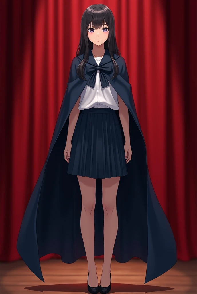 A beautiful asian high school girl (wearing dark navy blue school skirt and white shirt along with a navy blue cloak, dark black hair) standing on the stage, complete front view, red curtains on the background, 