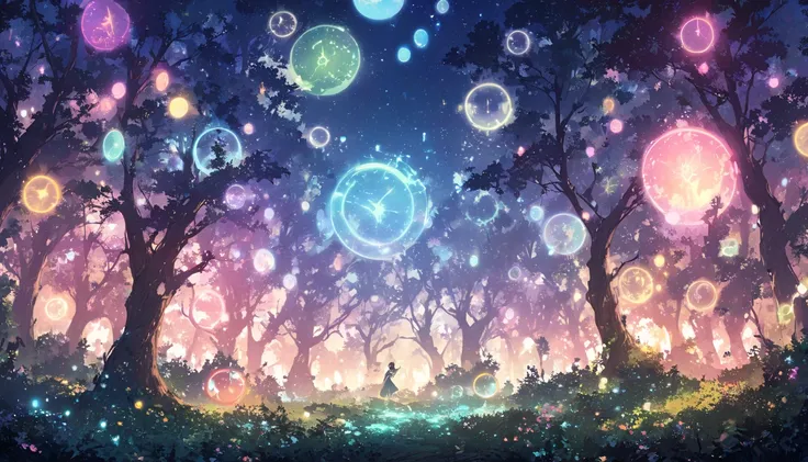 A magical forest clearing with a circle of glowing, translucent clock faces hovering mid-air, each showing a different time of day.