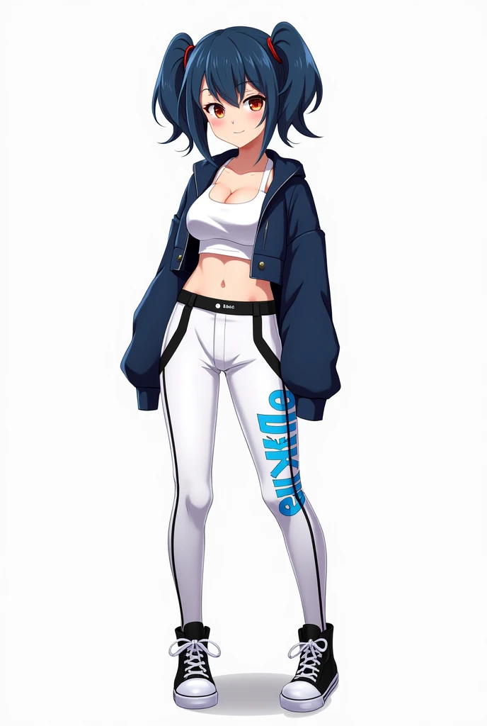  Generate in anime style
Generate a girl named Hinamy , She is  ,  she has dark blue hair with 2 short pigtails .
jacket:  She wears a seductive short navy jacket .
top: under the jacket, She wears a white crop top .
pants:  Her pants are white with accent...