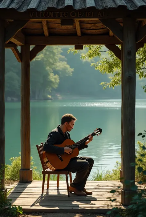 If a man is playing the guitar in a shady gazebo by a lake.  the words  "Vicente Sampaio " In capitular font .  are carved on the wood of the gazebo the words {x} seem to have been scratched on the wood a long time ago but is perfectly visible and legible.