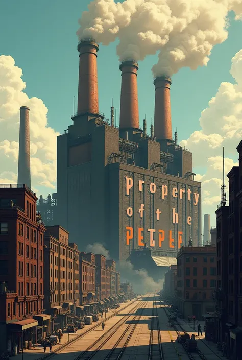  An illustration of a factory with text "Property of the people "