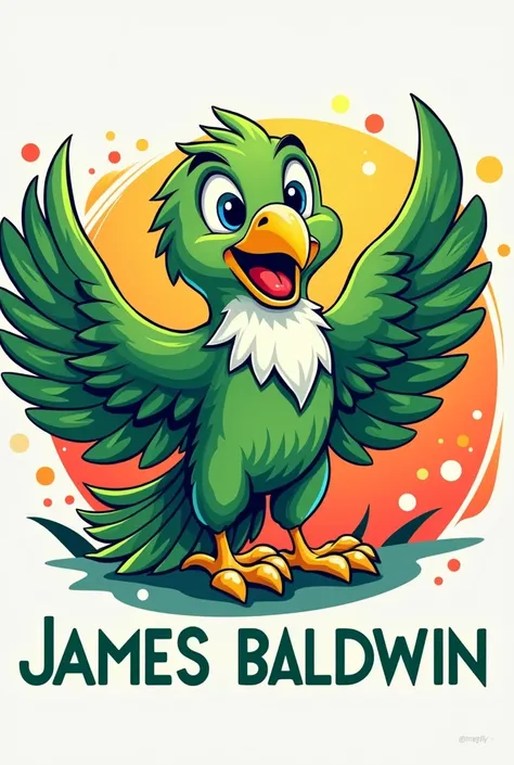 A logo with a fun green eagle that shows the creativity of the students (also says James Baldwin) and is fun and realistic and that has a fun and colorful background and also that there is a 