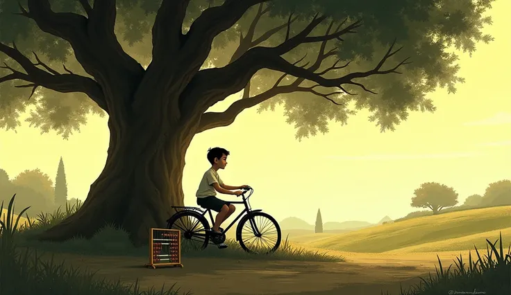 A boy sitting in bicycle under a banyan tree. He is thinking about him. Rural area, abacas calculator infront of him. Yellowish vibe of 1935 Ad