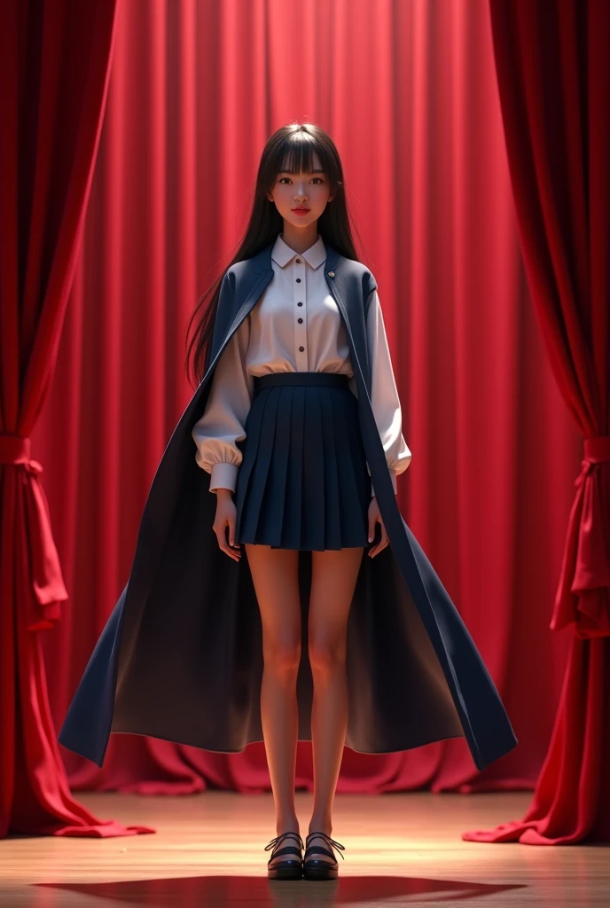 Realistic, realism, 4k, perfect anatomy, High quality, High resolution, A beautiful asian high school girl (wearing dark navy blue school skirt and white shirt along with a short navy blue cloak, dark black hair) standing on the stage, complete front view,...