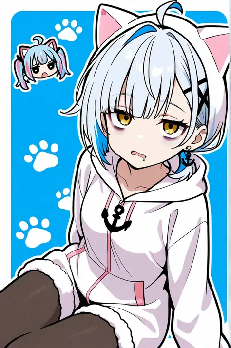   High Quality 、 Thick outline,  最 High Quality 
1人の少女  ,    golden eyes ,    two-tone_hair, Silver_hair,sky blue hair、 Shortcut ,     low ponytail in tights、    earrings for women   ,  Ahoge,     asymmetrical bang  ,   x-shaped hair ornament ,  [[Sleepy e...