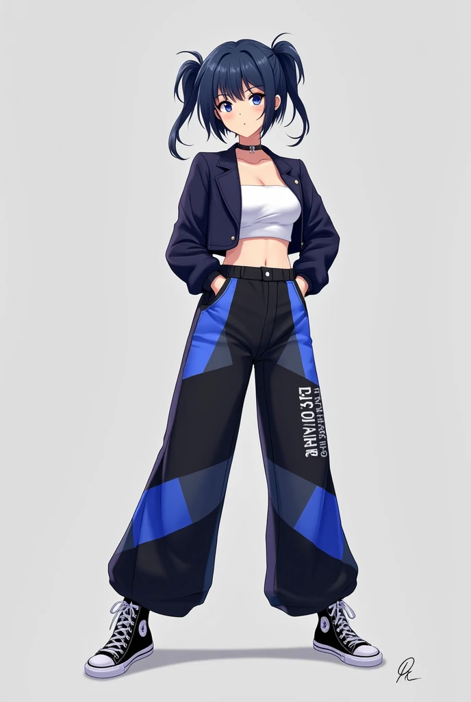  Generate in anime style
Generate a girl named Hinamy , She is  ,  she has dark blue hair with 2 short pigtails .
 Generala in a photoshoot pose
Jacket :  She wears a seductive short navy jacket .
top: under the jacket, She wears a white crop top .
She has...