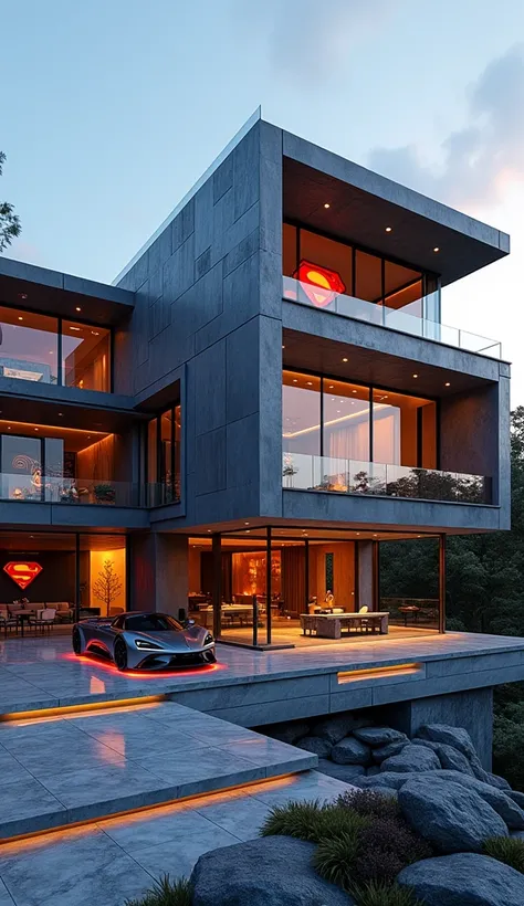 A massive, futuristic house located in the city, designed with sleek, modern architecture featuring a combination of glass, steel, and stone. The house has an imposing and dramatic façade, with bold design elements symbolizing strength, power, and heroism....