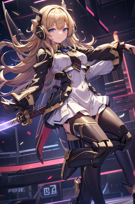  and smiles 、mecha wing、Thighs、tights、chest、 shiny blond hair、 1 girl、 solo girl 、 headphones 、idol dress、idol skirt、mecha girl、Black Armor、 white miniskirt 、 holds a sword、sword