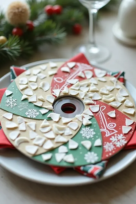  I need you to make me an image of a CD decorated with white eggshell as in mosaic and with Christmas napkin designs, That looks like a photo taken with a cell phone ,  that looks realistic but not surreal 