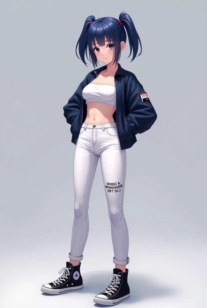  Generate in anime style
Generate a girl named Hinamy , She is  ,  she has dark blue hair with 2 short pigtails .
 Generala in a photoshoot pose
Jacket :  She wears a seductive short navy jacket .
top: under the jacket, She wears a white crop top .
She has...