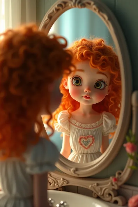  Little redhead with long curly hair looking at herself in the mirror 