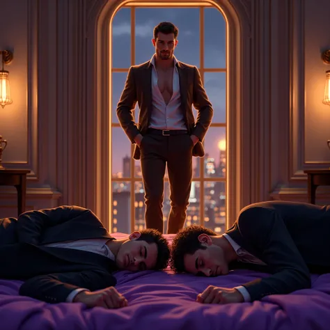 Attractive man with a large build ,  wearing a brown suit, translucent socks and black shoes ,  entering an elegant and very bright room with windows that show the city at night , While the shirt is being unbuttoned and two young men are behind him, one in...