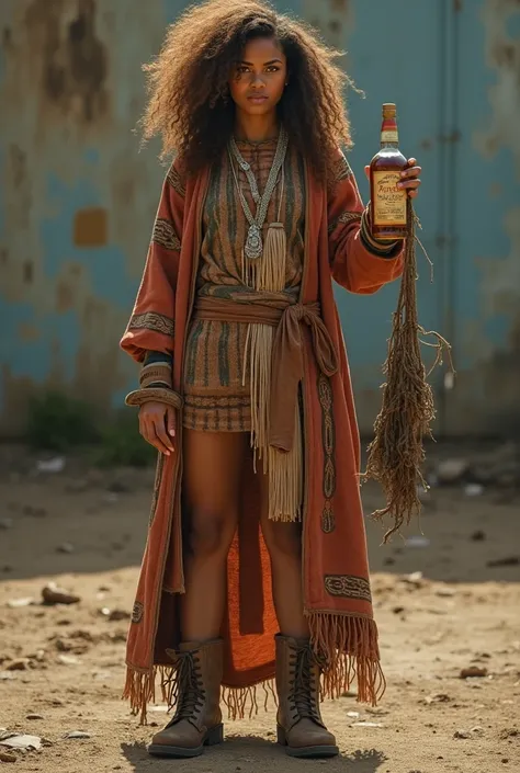 Woman with brown really curly hair wearing a native American smock with brown boots holding a bottle of booze in one hand and human poop in the other 