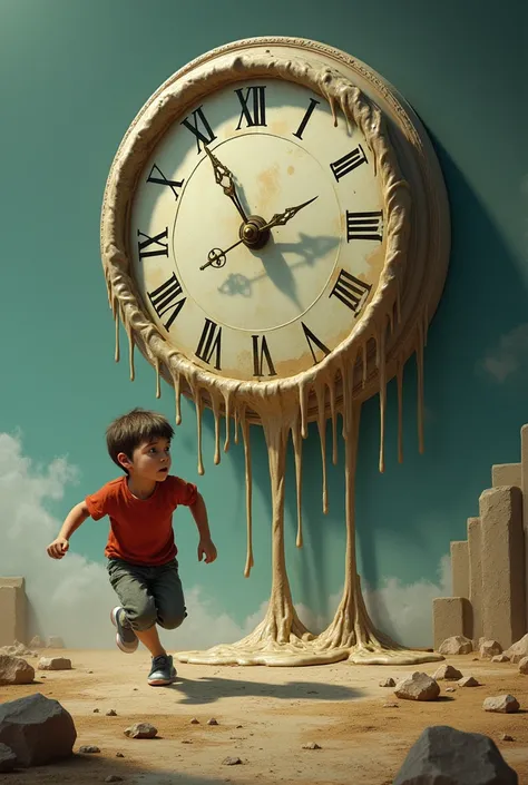 A boy
 running against time or holding a clock.
A melting clock to symbolize wasting time.


