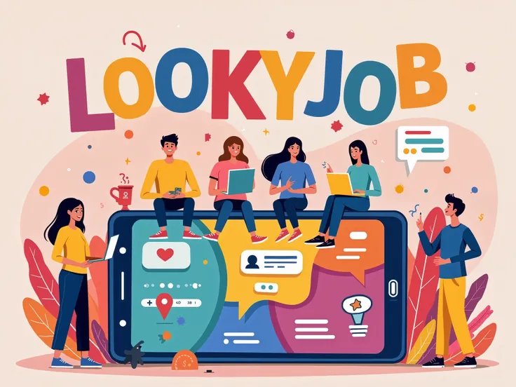 Colorful and fun banner for "LOOKYJOB". An apps that help people to find their desired job. Contain of professional and non-professional job like engineer, accountant, office worker, plumber, waitress, part time musician and singers, clown and freelance se...