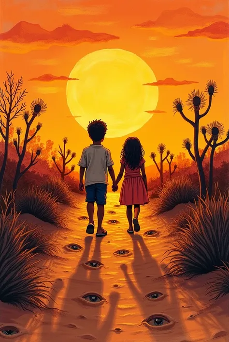 an image that represents migration with a sunset a boy and a girl walking hand in hand in the desert and leaving traces on the sides there are plants where you can see shadows and eyes lurking and in the background is the wall and drawing style of wax cray...