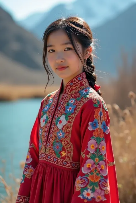 Girls from Xinjiang, China，Uyghur costume ， flower dress sewn from Aderai silk。 The pattern of silk floats like a colorful cloud ， bright color ，Intense and gorgeous 。 background Altay spring ，river，Mountain。 Tyndall Effect ， soft healing light ， Ultra HD ...