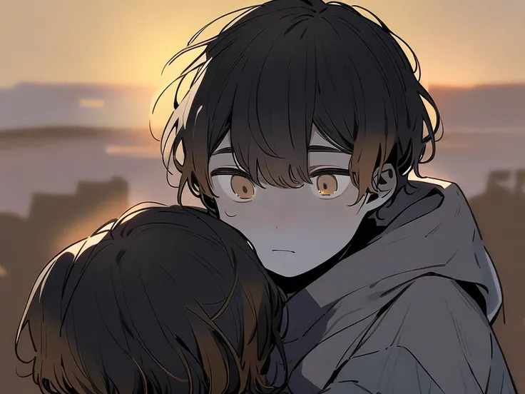 black-haired boy with tips dyed dark blue, light yellow eyes and pale skin hugging a short boy with light brown hair, dark brown eyes and light tan skin in a sunset