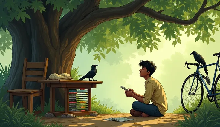 A realistic type photo by Sukumar Rays Jibone Hisab from Abol Tabol. The scene shows a thoughtful young man sitting under a large banyan tree, surrounded by a mix of traditional Bengali village elements. Nearby, a colorful abacus rests on a wooden table, s...