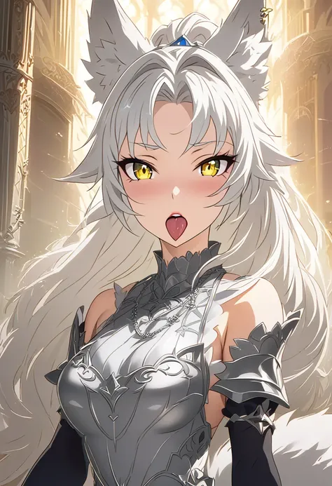 beautiful anime woman in knight armor, wolf ears, wolf tail, half wolf and half human, yellow eye color, white hair in a ponytail, light novel art, detailed anime art, 4k, anime, horny expression, regal, royal, sexy, thicc, detailed beautiful feminine faci...