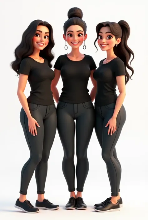 Three animated women standing at a distance, shown in full-body view with their entire figures visible, including their feet. They are smiling warmly, radiating positivity and confidence. Each wears a sleek black t-shirt paired with simple bottoms, maintai...