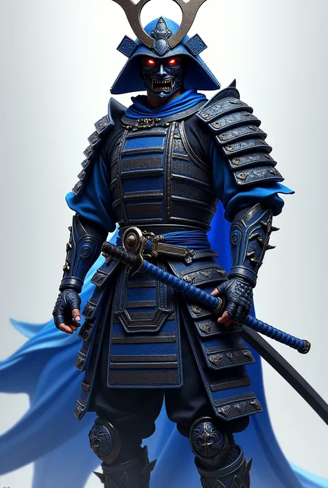 male samurai with blue dragon style armor, black and blue arm and shoulder armor, black mask with dragon eyes and fangs, black and blue leg armor and a long katana sword with dragon-style features with a blue handle