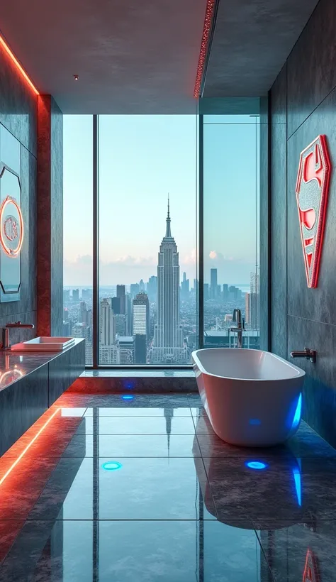 The master bathroom includes a large, luxurious shower with a glass wall that reveals a breathtaking cityscape. The bathtub is freestanding, with a design that incorporates elements of Kryptonian technology, like smooth, futuristic lines and glowing, tech-...