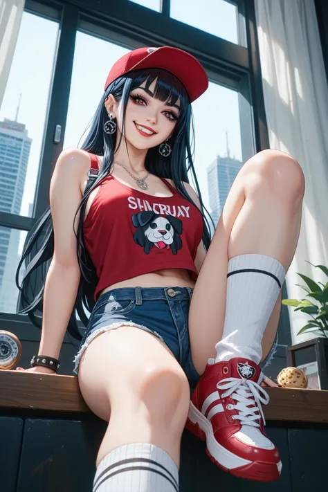 A female dog girl. She is young. She is wearing a pair of blue denim overall shorts with a dark red tank top white socks and red sneakers she is wearing a red baseball cap she is sitting in an easy chair looking out a window into the city below.Smile, Long...