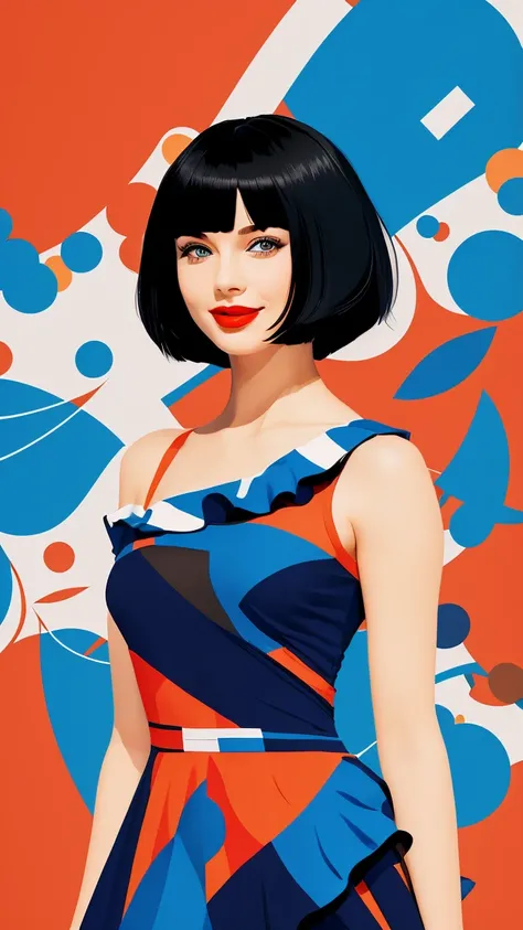  Create a flat illustration of a realistic female character with a black bob cut, striking blue eyes, and red lips. She is wearing a dress featuring an orange ruffle off-the-shoulder top, showcasing her bare shoulders. The character has a warm smile, exudi...