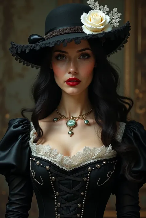 Beautiful white woman ,  17th century black dress  ,  elegant hat with a white rose , red lipstick , black hair ,  black corset with white threads  , long black gloves  ,lady of the night 