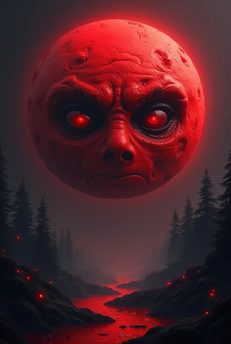 A crimson moon, with two realistic eyes carved within, sculpted on the surface of its wretched surface