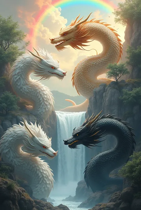 masterpiece,  best quality,Japanese Dragon God、golden dragon、 white dragons、Black Dragon、Qinglong、The red dragons ５The dragon god of color 、 have a fluffy coat 、Sparkling eyes、The background is a waterfall and a rainbow、 smiles gently、Long and slender body