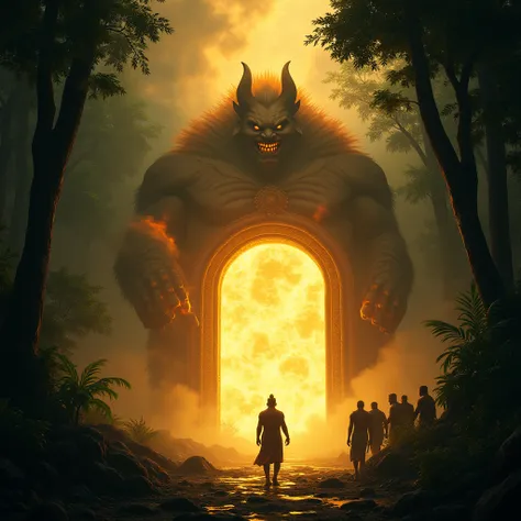 "The giant demon vanishes into a swirl of glowing light with a faint, satisfied smile on his face. King Bali stands tall, watching the demon disappear, his soldiers and ministers looking relieved. The jungles atmosphere turns serene, and the ancient door b...