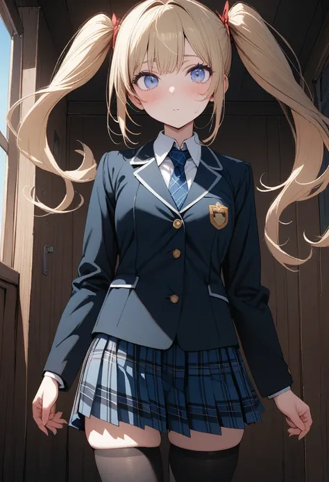 Masterpiece, ultra detailed, 8k, best quality, novel illustration, 1girl, student uniform, plaid skirt , Blonde, twin tails, ultra detailed face, blue eyes , black thighhighs, black loafers, school cowboy shot