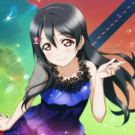 Nico Yazawa , love live!,  black hair , ojos De color rosa, long hair, 1 girl, warm backgrounD, un ojo cerraDo, vestiDo, smile, smiling mouth, miranDo al espectaDor, blush, ;D, vestiDo negro lujoso simple, metal stars hair clips , elegant, clavicle, neckli...