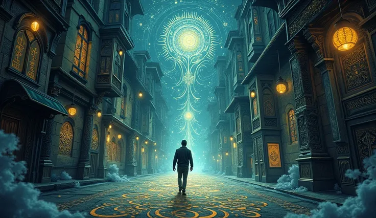 Create a mystical scene of a man walking in a street, with several simbols everywhere around him, simbols on the buildings and at the streets, intricately designed, creating a sense of enchanting energy. Mind bending, dreamy, ethereal, fantastic, The backg...