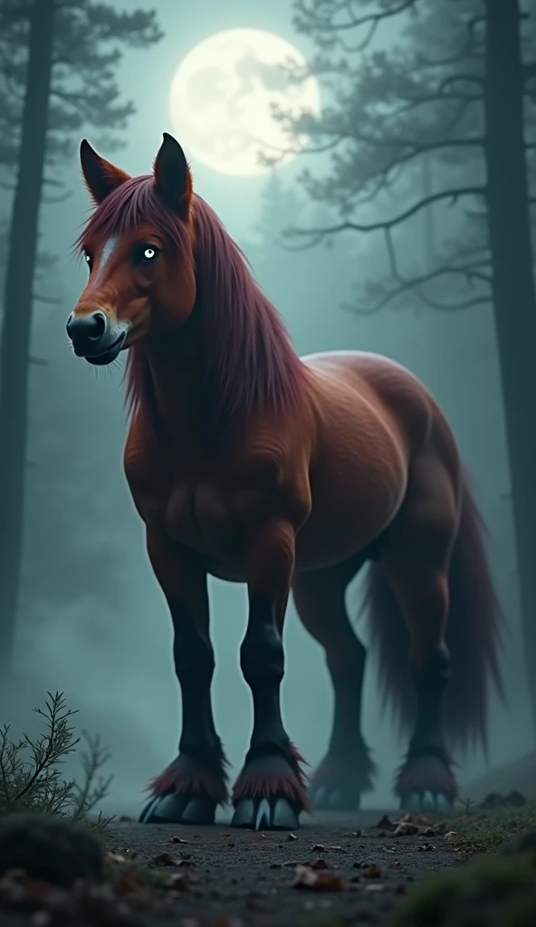 
A creature with the body of a fox and the legs and size of a horse, standing tall in a moonlit forest clearing, its fur a blend of deep red and dark chestnut, the fox’s bushy tail sweeping the ground, and the horse’s powerful legs supporting its large fra...