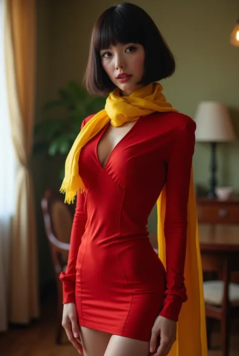  Cyborg 003, red dress and miniskirt,   bob cut hair in the house,  yellow scarf , the above,
( best quality, masterpiece,  RAW Photos, super detailed:1.2),  1 girl,Alone, Watching Viewers ,  smile,