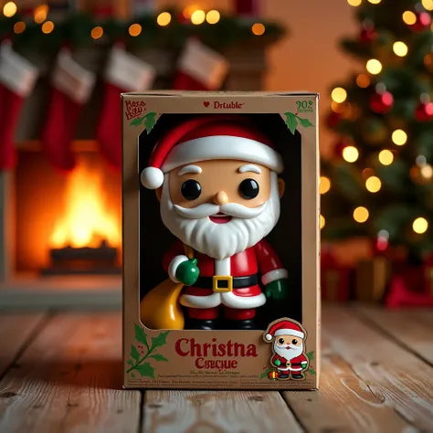  Design a Santa Claus Funko Pop inside his original Funko Pop box , personalized with the name  "Santa Claus".  The figure should show Santa Claus in his classic red suit and a gift bag .  The background behind the box should show a fireplace decorated wit...