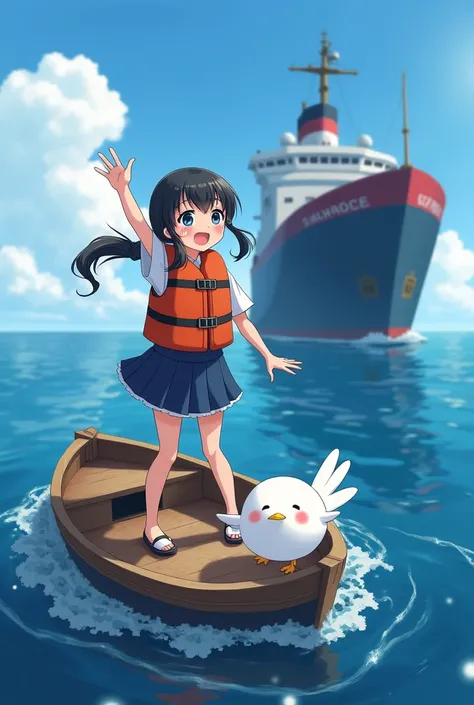 Masterpiece,Best quality, Anime style, 1Girl, black hair, low ponytail hair, life vest, Girl, black hair, low ponytail hair, life vest, crying happily, standing on boat and waving, big rescue ship visible,, The vast Pacific Ocean, a wooden boat ,pure white...