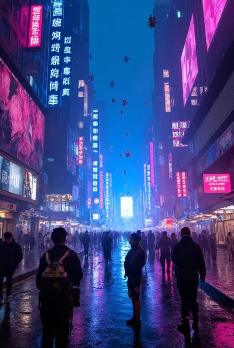 A sprawling cyberpunk metropolis at night, glowing neon signs in blue, pink, and purple. Hovering vehicles zip between futuristic skyscrapers adorned with holographic advertisements. The streets are bustling with humanoid robots and people wearing cybernet...