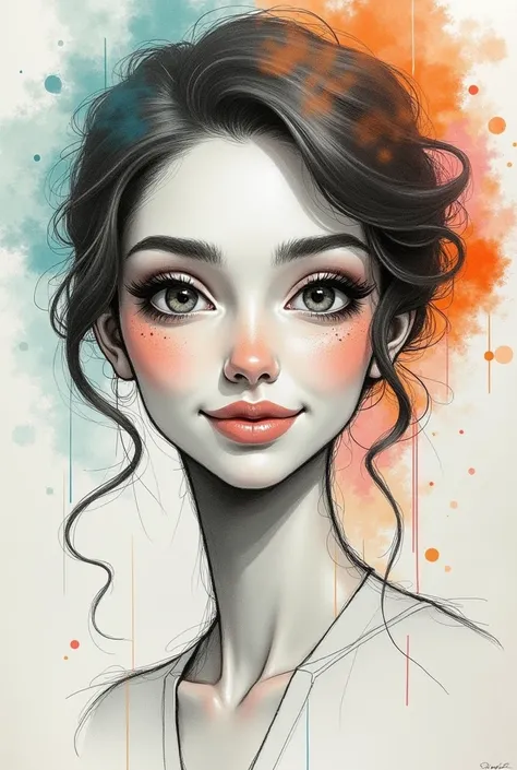  Graphite sketch ,  with thick lines work of art.  of a woman shy smile , 
The gray skin .  It includes the colors turquoise , beige, coral, orange.  High resolution,  masterpiece,  The best quality, 