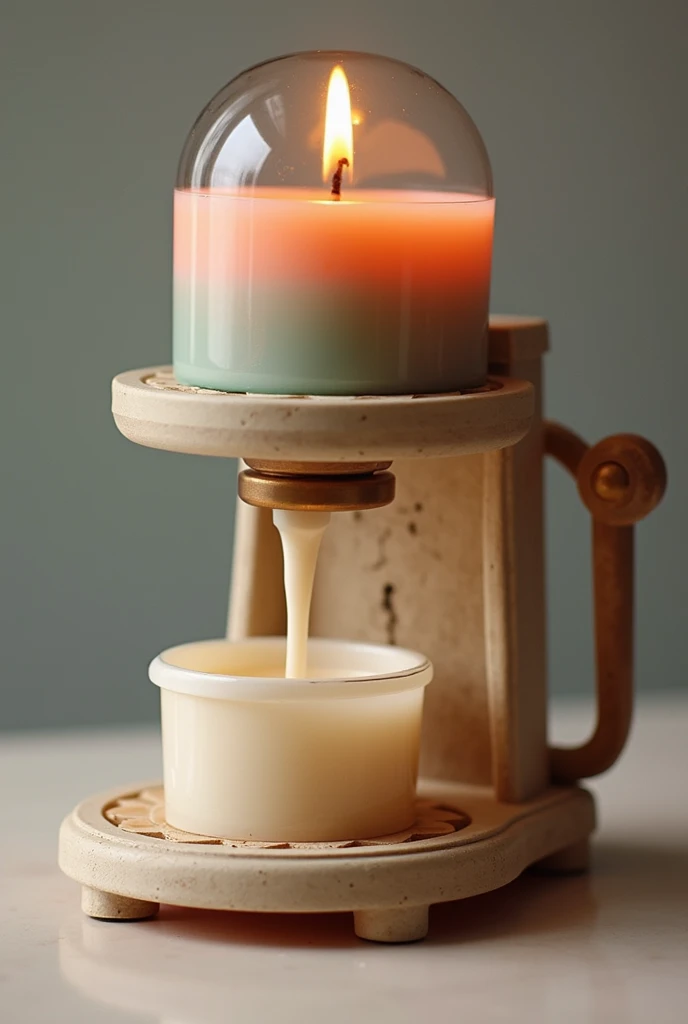 A candle maker machine with a visible wax dispenser and scent and color dispensers. use 4 scents and 4 colors.name the scents lavender, rose, jasmine and sandalwood. colors should be violet , pink, green and brown. make a detailed machine. and the wax shou...