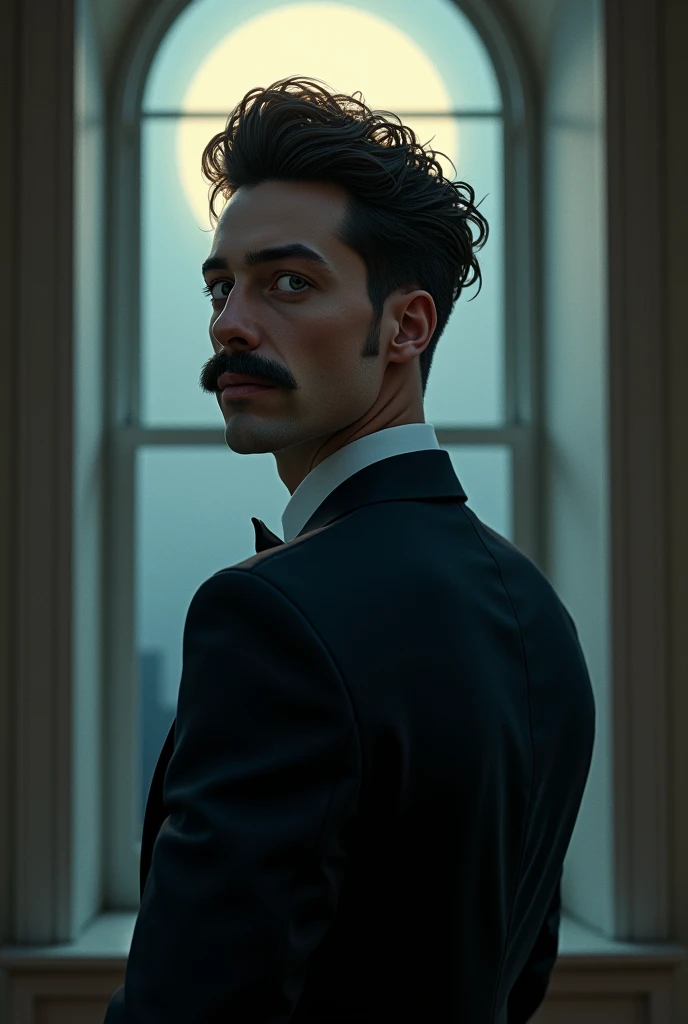  A person with a mustache , big eyes in a suit ,  with a hairstyle cut book ,   let the light come from behind them from a window with the moonlight shining on their back 