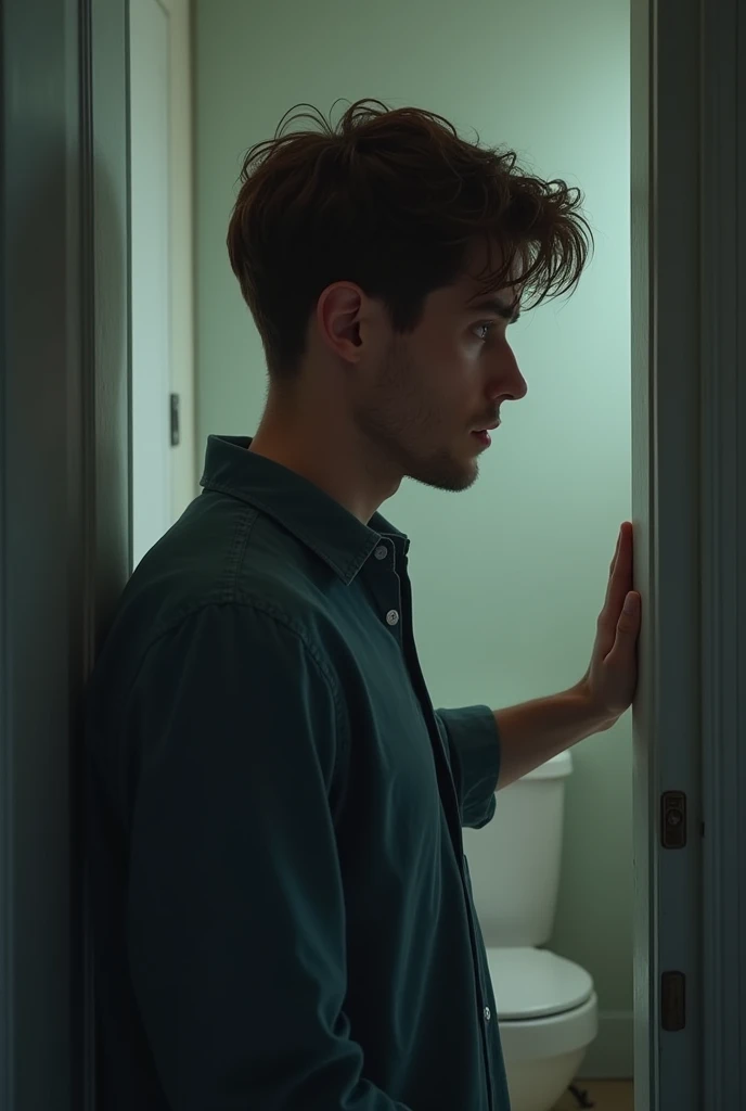 25-year-old brown-haired young man feeling worried outside the bathroom with his hand on the door