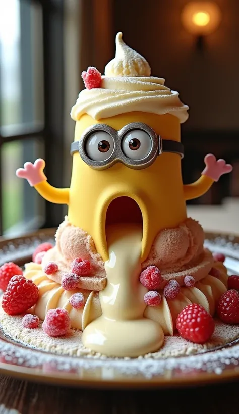  Is it possible to create a delicious ice cream effect with a waterfall of flowing  ，, Delicious ice cream effect in the shape of a cute Minions house with cigarette smoke， on an upscale dinner plate  ， delicious drinks wrapped around , dessert, and fruit ...