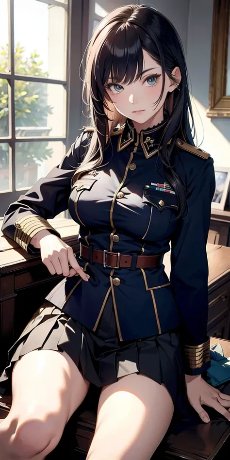  absurd resolution , high resolution, (masterpiece:1.4),  ultra detailed, 1,  in military uniform from World War II, with medals with a white pleated miniskirt,  BATTLEFIELD ,pose sexy, camera close to the body , blue eyes ,by the ruby, sitting with her le...