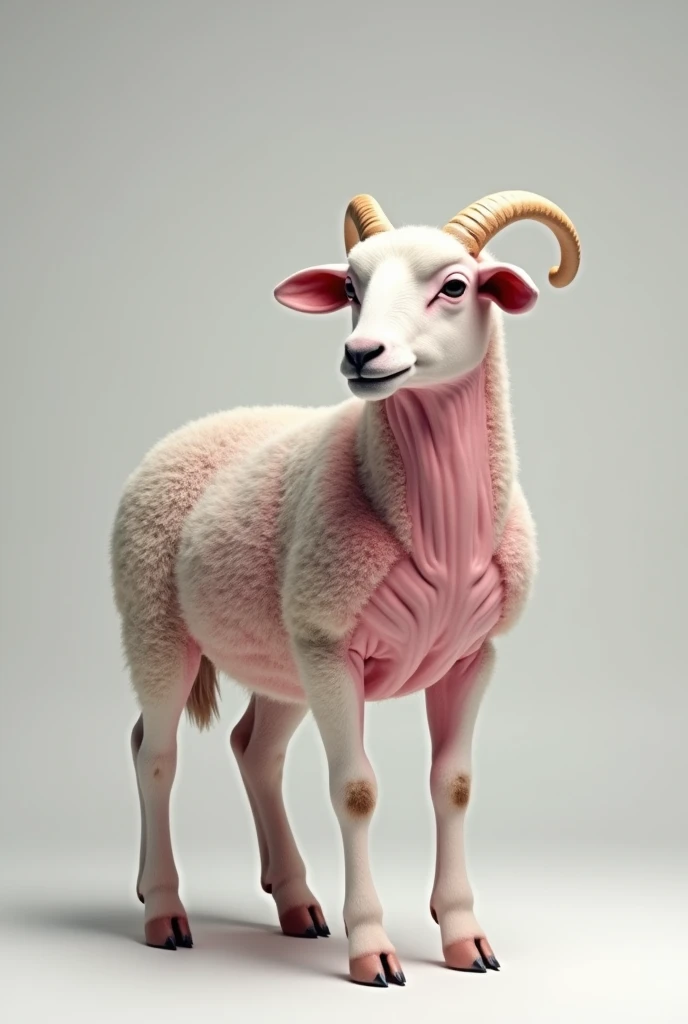 A sheared sheep without wool and with pink skin please.