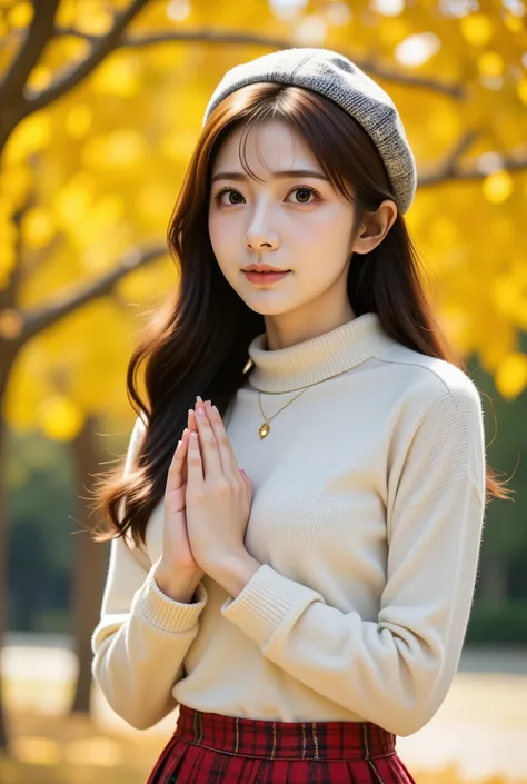 realistic, Vibrant outdoor photo of a young East Asian woman in autumn. Shes wearing a comfy cream turtleneck sweater and a stylish red plaid skirt, On his head he wears a checked beret. This scene、Capture the warmth of the autumn sun、Her soft smile and ...