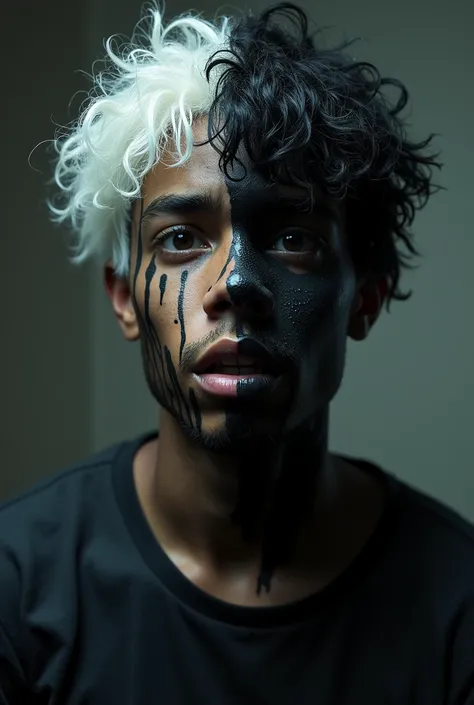 Young man with half black and white hair,  with his skin turning black due to an illness, while in shock looking at nothing.